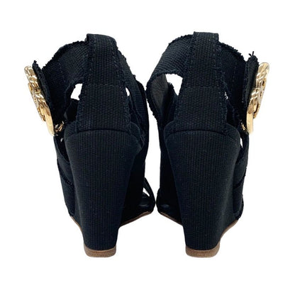 Chanel Sandals Shoes Canvas Black Gold Here Mark Wedge Sole
