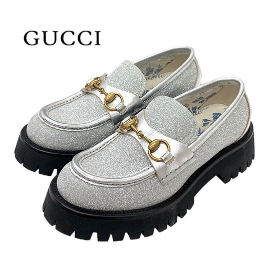 Gucci Loafer Leather Shoes Leather Silver Gold Lame Horsebit Bee