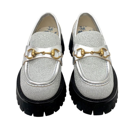 Gucci Loafer Leather Shoes Leather Silver Gold Lame Horsebit Bee