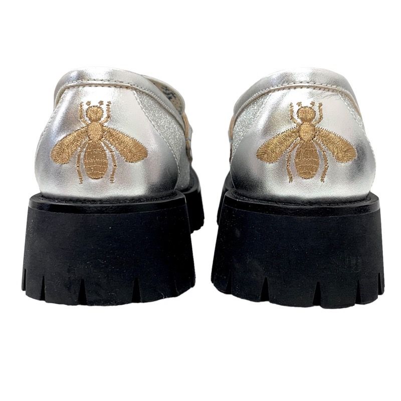 Gucci Loafer Leather Shoes Leather Silver Gold Lame Horsebit Bee