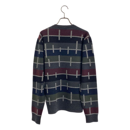 [] Hermes | 100% Cashmere Line Pattern Crew Neck Knit | S | Gray Navy Bordeaux