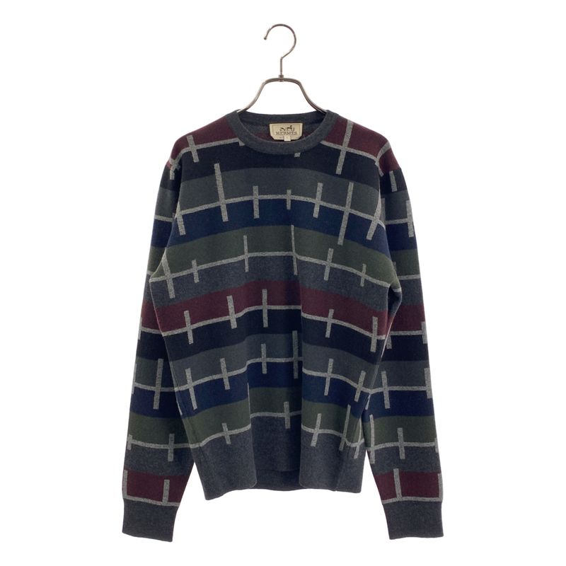 [] Hermes | 100% Cashmere Line Pattern Crew Neck Knit | S | Gray Navy Bordeaux