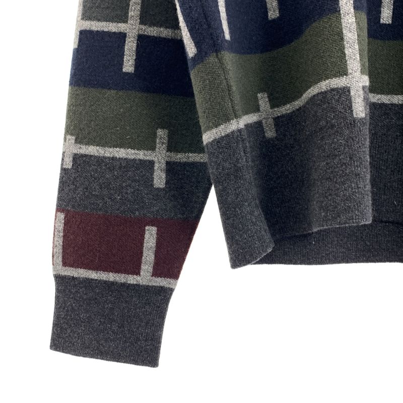 [] Hermes | 100% Cashmere Line Pattern Crew Neck Knit | S | Gray Navy Bordeaux