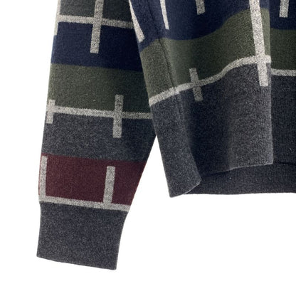 [] Hermes | 100% Cashmere Line Pattern Crew Neck Knit | S | Gray Navy Bordeaux