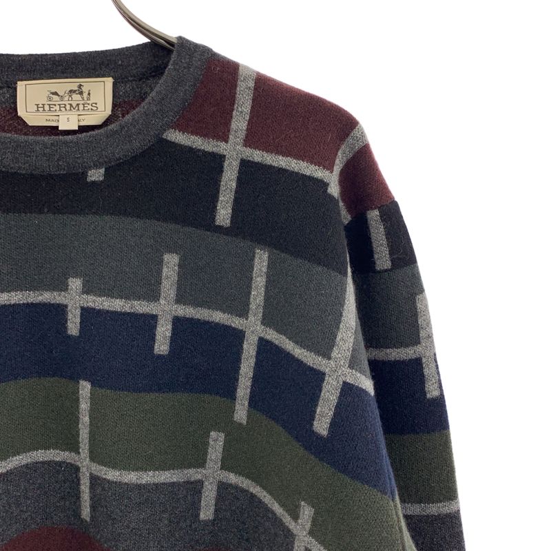 [] Hermes | 100% Cashmere Line Pattern Crew Neck Knit | S | Gray Navy Bordeaux