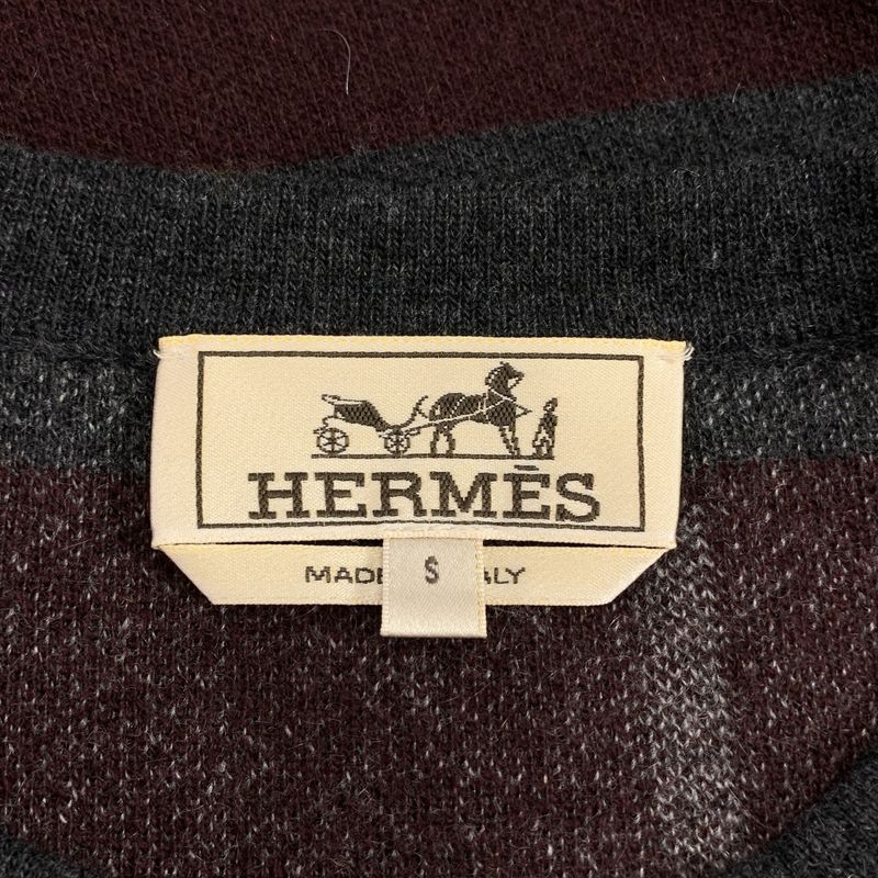 [] Hermes | 100% Cashmere Line Pattern Crew Neck Knit | S | Gray Navy Bordeaux