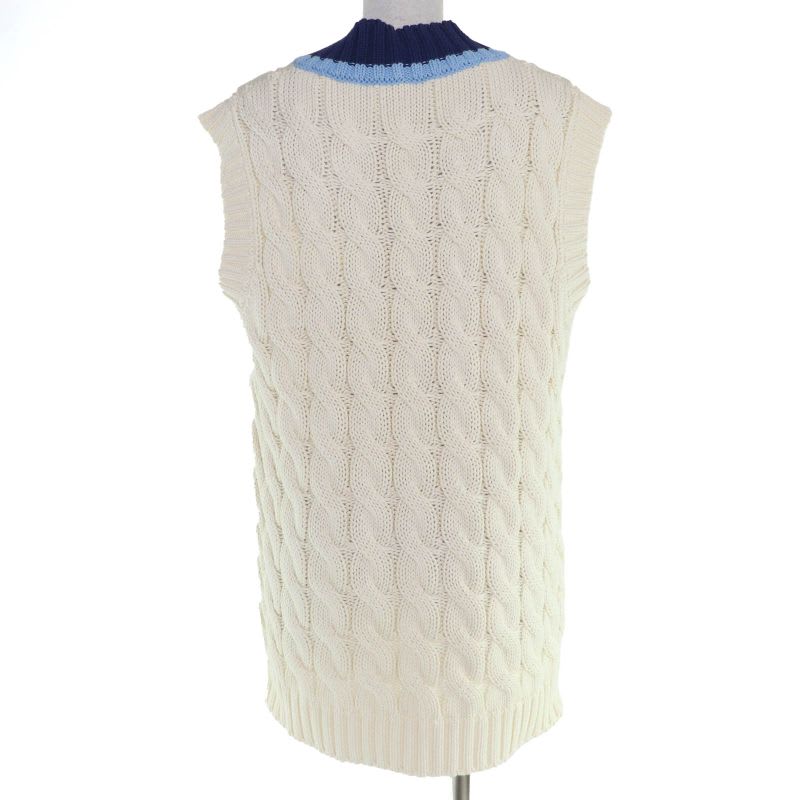 Prada 100% Cotton Triangle Logo Cable Knit Vest Ivory 42
