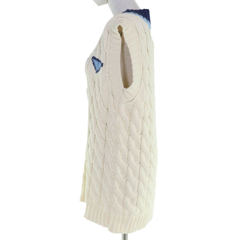 Prada 100% Cotton Triangle Logo Cable Knit Vest Ivory 42