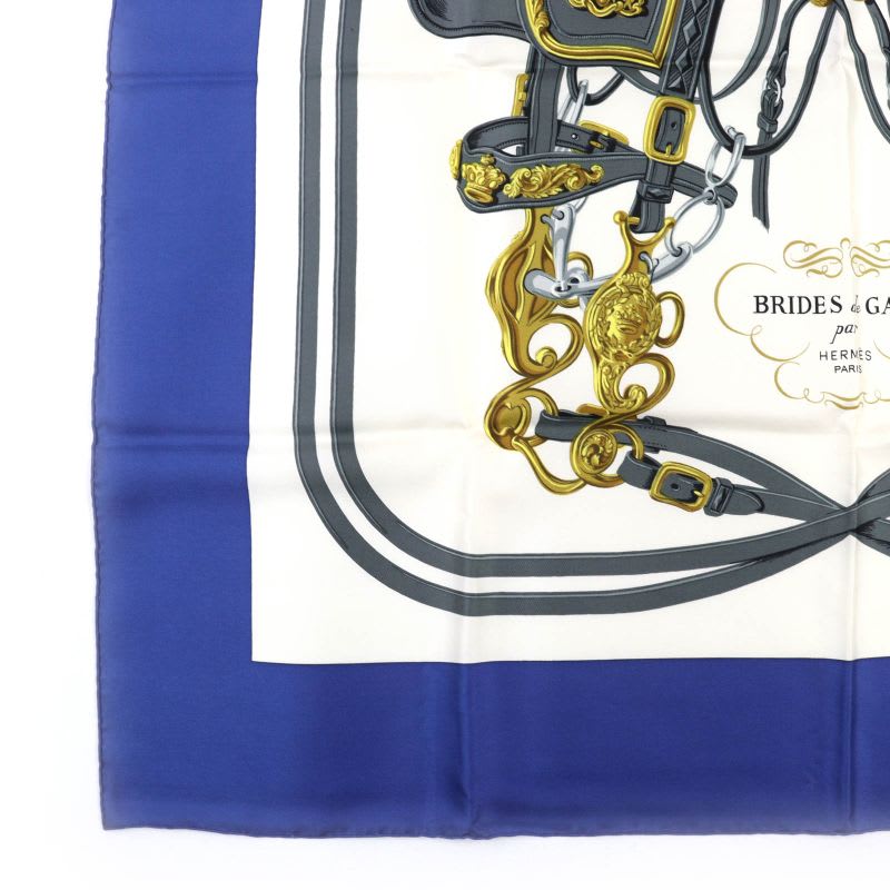 Hermes Carre 90 Brides De GALA Ceremony Bridle 100% Silk Scarf Blue White