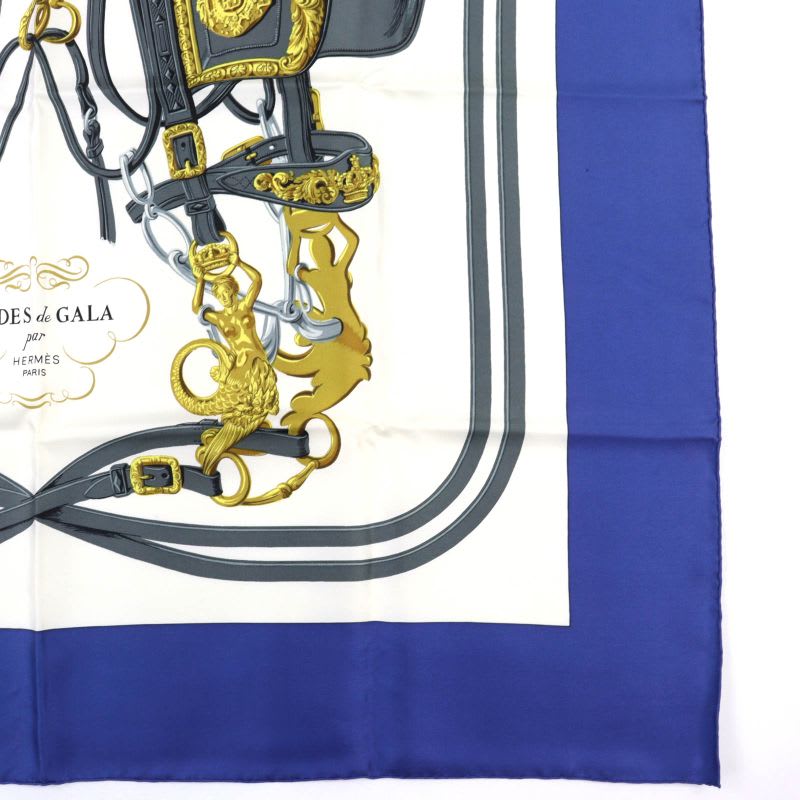 Hermes Carre 90 Brides De GALA Ceremony Bridle 100% Silk Scarf Blue White
