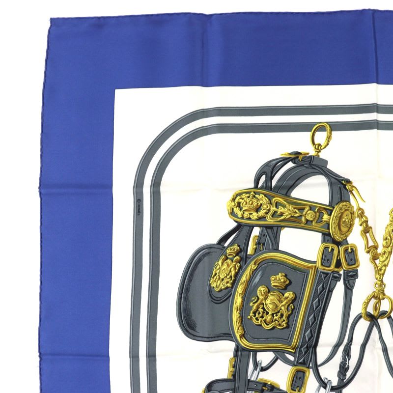 Hermes Carre 90 Brides De GALA Ceremony Bridle 100% Silk Scarf Blue White