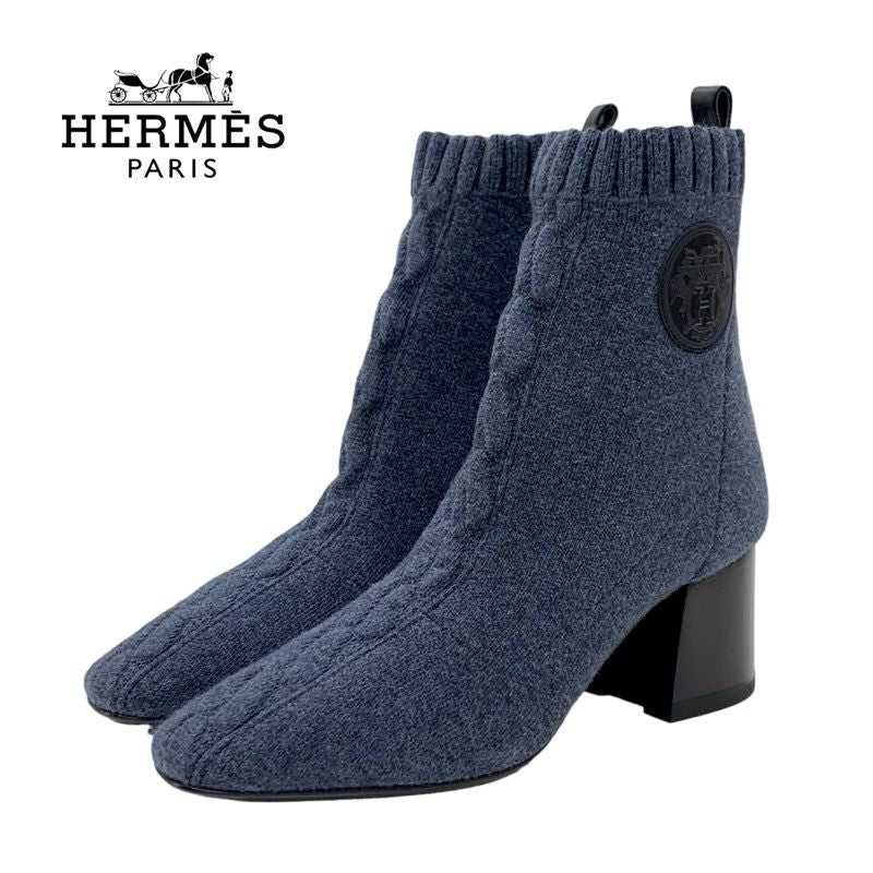 Unused Hermes Volver Boots Short Boots Sock Boots Shoes Exlibris Knit Blue