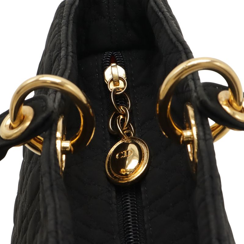 Christian DIOR Lady Dior Cannage Handbag Tote Bag Nylon Black Gold Hardware