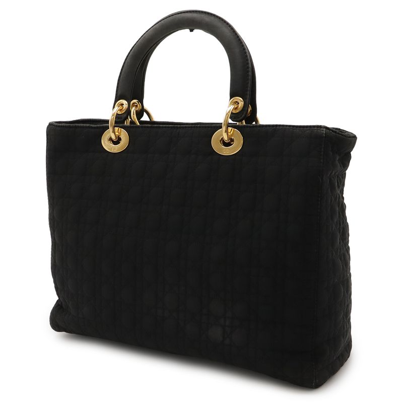 Christian DIOR Lady Dior Cannage Handbag Tote Bag Nylon Black Gold Hardware