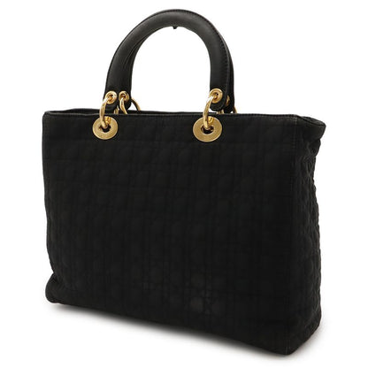 Christian DIOR Lady Dior Cannage Handbag Tote Bag Nylon Black Gold Hardware