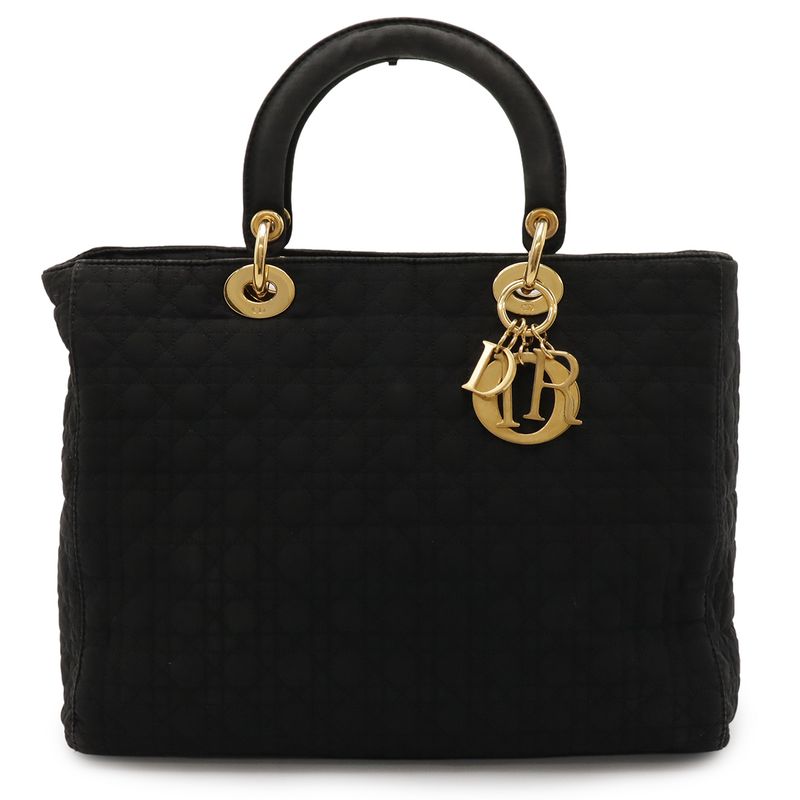 Christian DIOR Lady Dior Cannage Handbag Tote Bag Nylon Black Gold Hardware