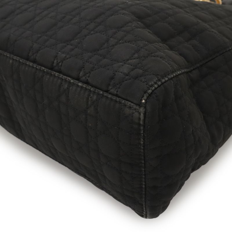 Christian DIOR Lady Dior Cannage Handbag Tote Bag Nylon Black Gold Hardware