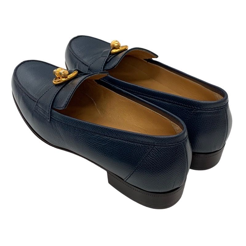 Hermes Loafers Leather Shoes Leather Navy Gold Moccasins Chaine D'ancre