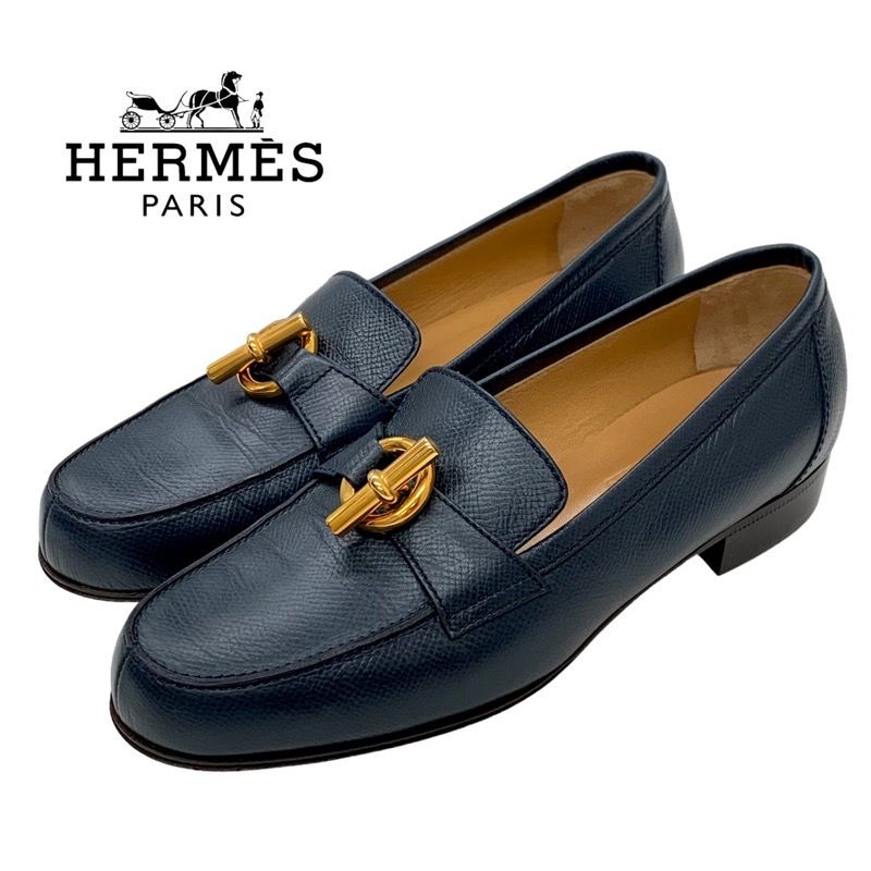 Hermes Loafers Leather Shoes Leather Navy Gold Moccasins Chaine D'ancre