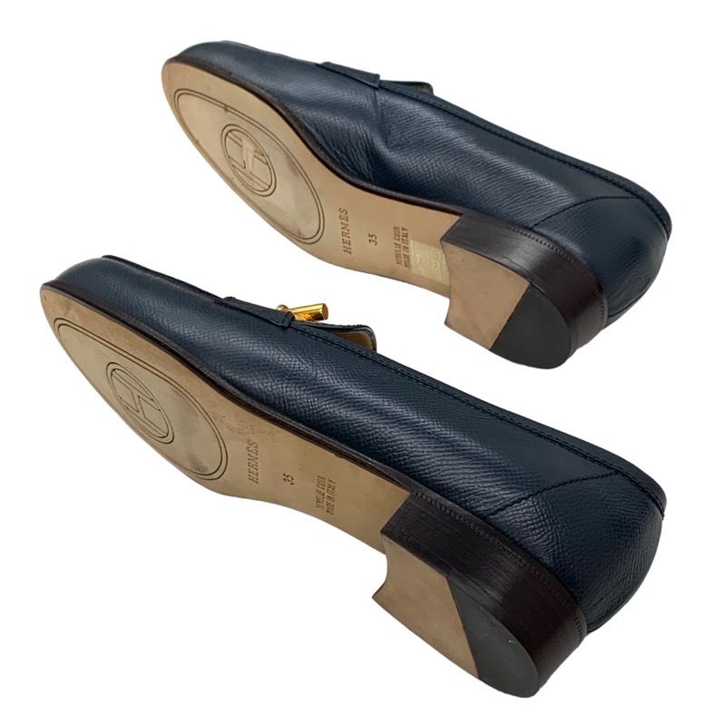 Hermes Loafers Leather Shoes Leather Navy Gold Moccasins Chaine D'ancre