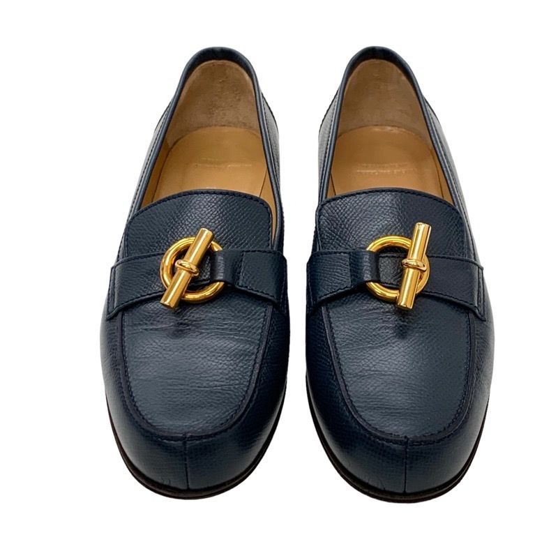 Hermes Loafers Leather Shoes Leather Navy Gold Moccasins Chaine D'ancre