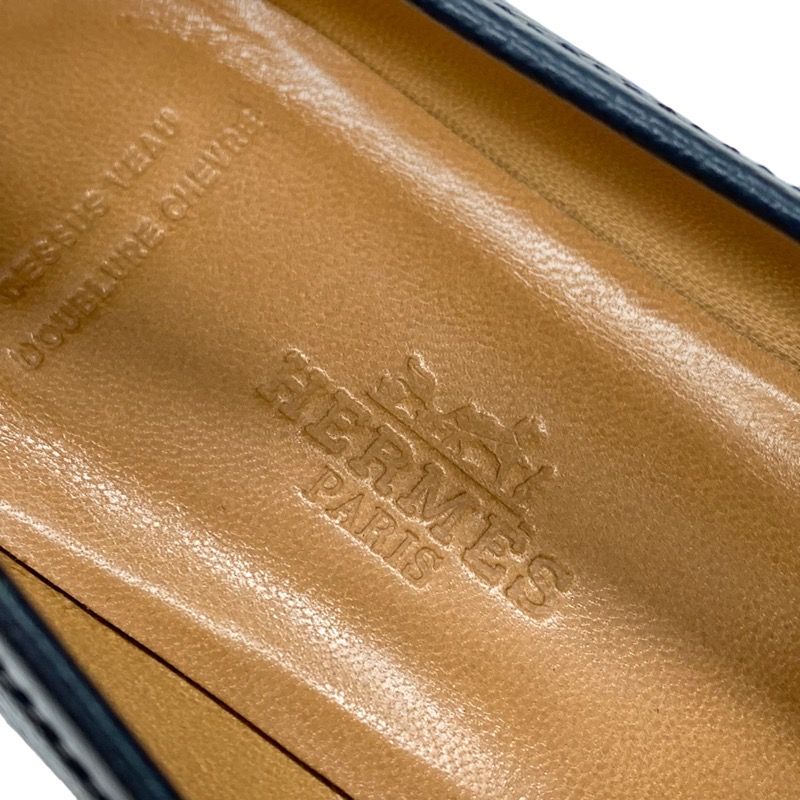 Hermes Loafers Leather Shoes Leather Navy Gold Moccasins Chaine D'ancre