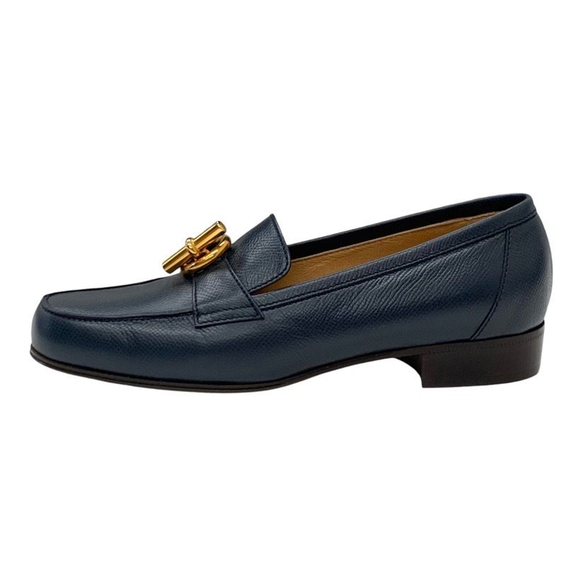 Hermes Loafers Leather Shoes Leather Navy Gold Moccasins Chaine D'ancre