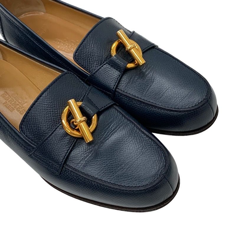 Hermes Loafers Leather Shoes Leather Navy Gold Moccasins Chaine D'ancre
