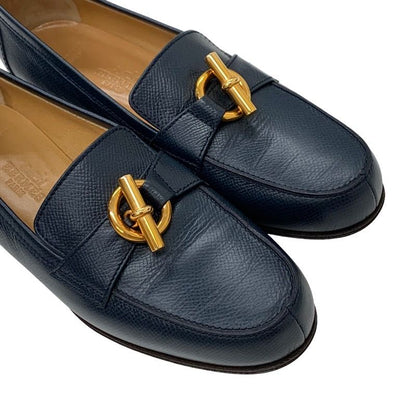 Hermes Loafers Leather Shoes Leather Navy Gold Moccasins Chaine D'ancre