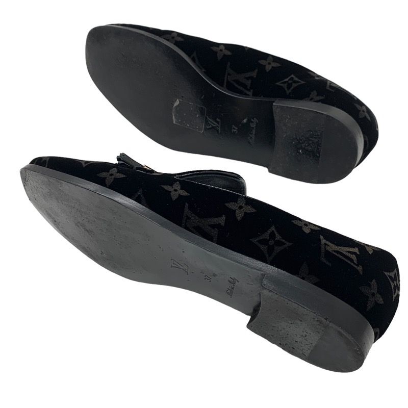Louis Vuitton Monogram Flat Shoes Velor Patent Black Gold Loafers Opera Shoes