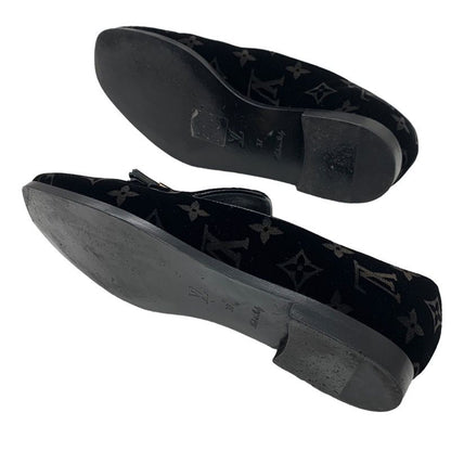 Louis Vuitton Monogram Flat Shoes Velor Patent Black Gold Loafers Opera Shoes