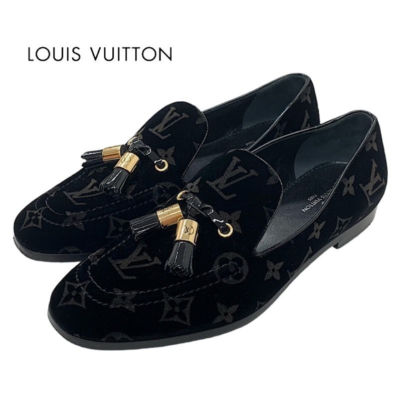 Louis Vuitton Monogram Flat Shoes Velor Patent Black Gold Loafers Opera Shoes