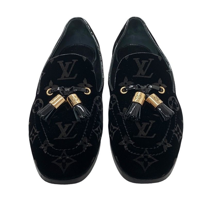 Louis Vuitton Monogram Flat Shoes Velor Patent Black Gold Loafers Opera Shoes