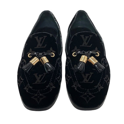Louis Vuitton Monogram Flat Shoes Velor Patent Black Gold Loafers Opera Shoes