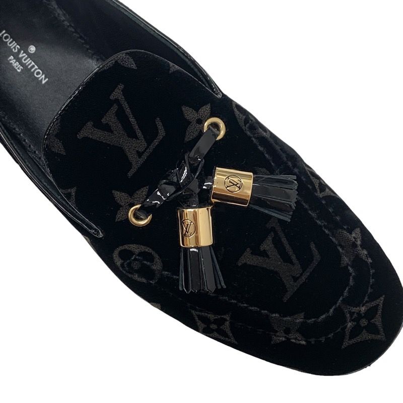 Louis Vuitton Monogram Flat Shoes Velor Patent Black Gold Loafers Opera Shoes