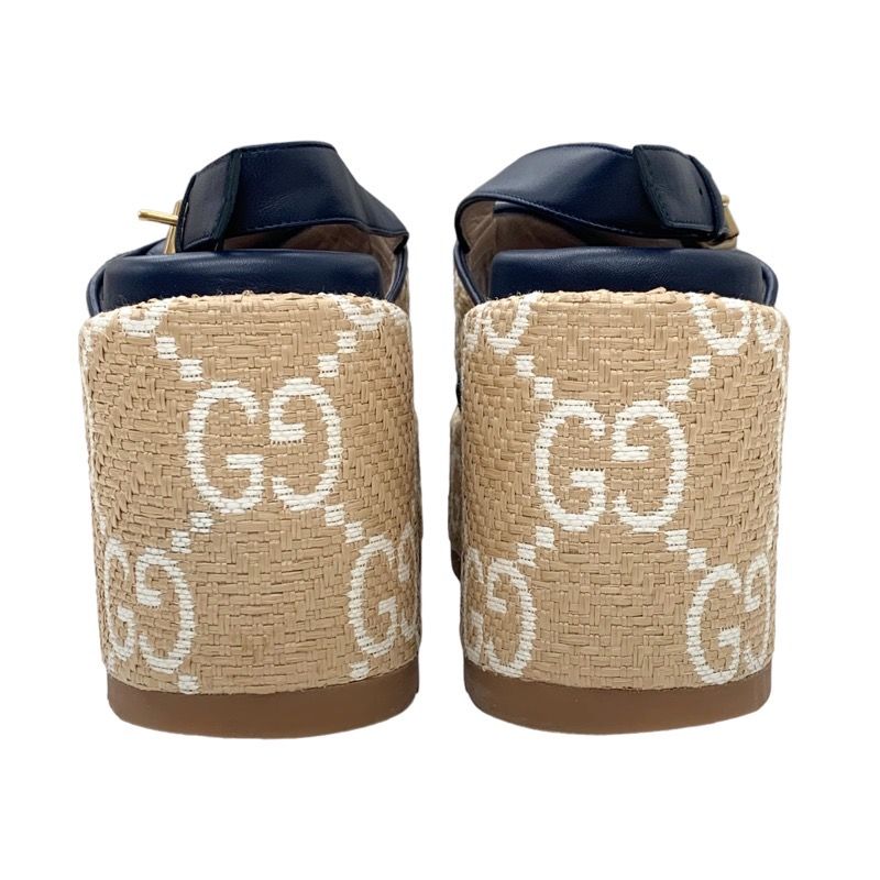 Gucci Sandals Shoes Leather Straw Beige Navy White GG Logo Thick Sole Platform