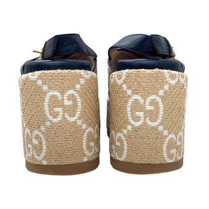 Gucci Sandals Shoes Leather Straw Beige Navy White GG Logo Thick Sole Platform