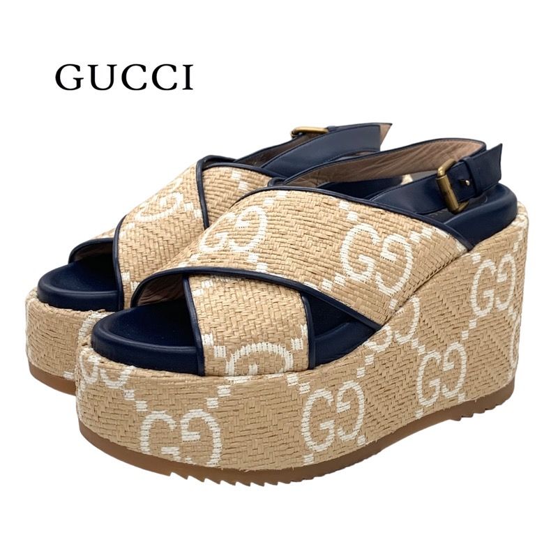 Gucci Sandals Shoes Leather Straw Beige Navy White GG Logo Thick Sole Platform