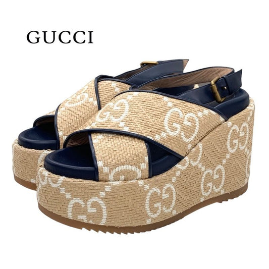 Gucci Sandals Shoes Leather Straw Beige Navy White GG Logo Thick Sole Platform