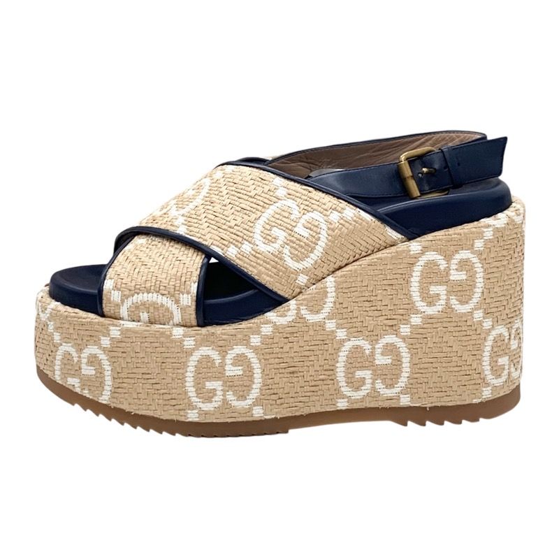 Gucci Sandals Shoes Leather Straw Beige Navy White GG Logo Thick Sole Platform