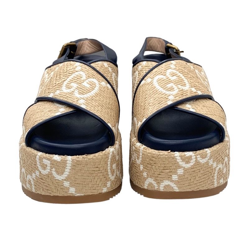 Gucci Sandals Shoes Leather Straw Beige Navy White GG Logo Thick Sole Platform