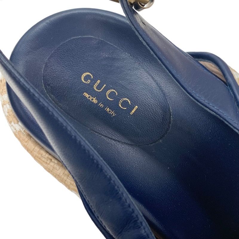 Gucci Sandals Shoes Leather Straw Beige Navy White GG Logo Thick Sole Platform
