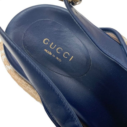 Gucci Sandals Shoes Leather Straw Beige Navy White GG Logo Thick Sole Platform