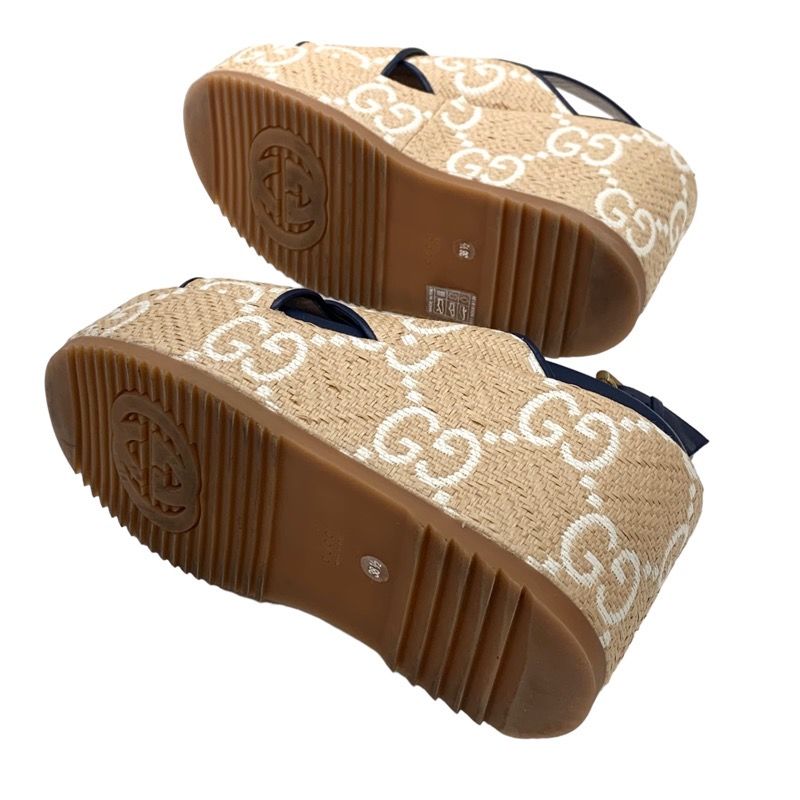 Gucci Sandals Shoes Leather Straw Beige Navy White GG Logo Thick Sole Platform