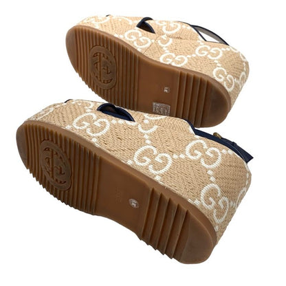Gucci Sandals Shoes Leather Straw Beige Navy White GG Logo Thick Sole Platform