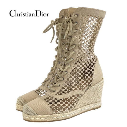 Christian DIOR Nayghtily-d Boots Short Boots Shoes Fabric Beige Lace-up Braided
