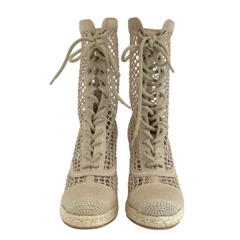 Christian DIOR Nayghtily-d Boots Short Boots Shoes Fabric Beige Lace-up Braided