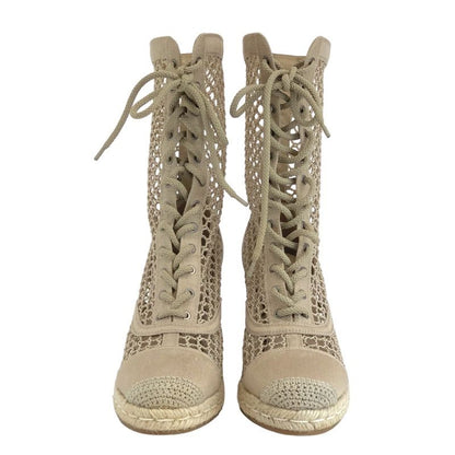 Christian DIOR Nayghtily-d Boots Short Boots Shoes Fabric Beige Lace-up Braided