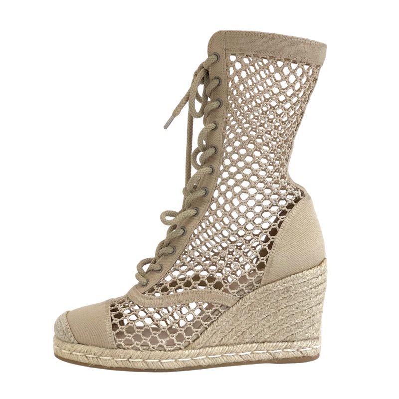 Christian DIOR Nayghtily-d Boots Short Boots Shoes Fabric Beige Lace-up Braided