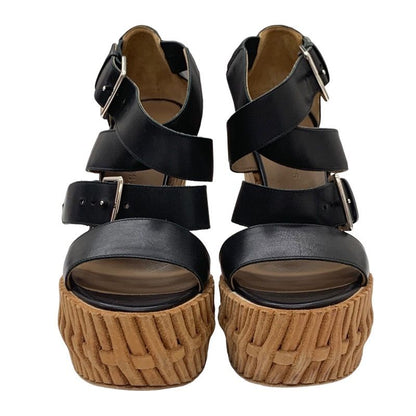 Hermes Sandals Shoes Leather Black Wedge Sole Belt